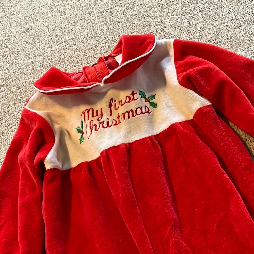 Vintage Alexis My First Christmas Red Velvet Footed Sleeper Baby 9 Months USA